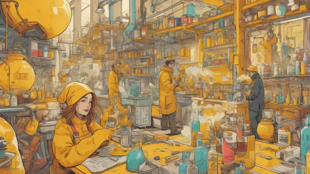 Ilustracja chemikaliów wyraźnie przedstawionych na pierwszym planie, uchwycająca istotę współczesnej Europy.