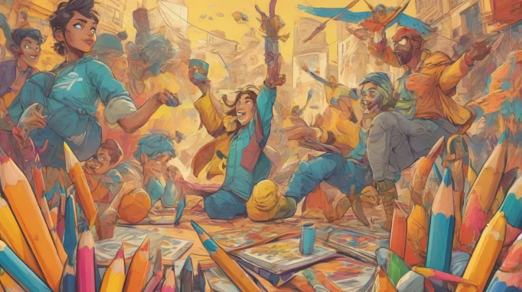 Ilustracja kolorowych kredek, wyraźnie widocznych na pierwszym planie, prezentujących swoje żywe kolory i ostre końcówki.