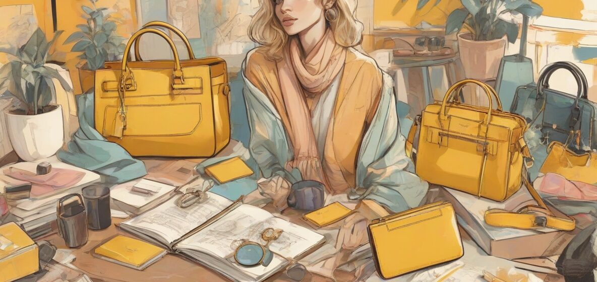 Ilustracja współczesnych akcesoriów, skupiająca się na kolekcji eleganckich i stylowych przedmiotów, takich jak torebki, portfele i szaliki. Przedmioty te powinny być wyraźnie widoczne na pierwszym planie, oddając istotę nowoczesnej mody i wyrafinowania.