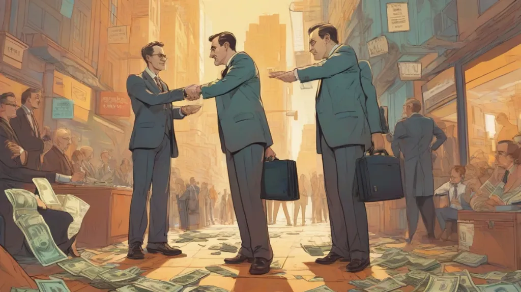Ilustracja korupcji jako współczesnego problemu, przedstawiająca biznesmena wymieniającego teczkę pełną pieniędzy z urzędnikiem państwowym. Scena odzwierciedla nowoczesne otoczenie, obaj ubrani są w formalne stroje. Skupienie na akcie przekupstwa, podkreślającym nieetyczną wymianę.