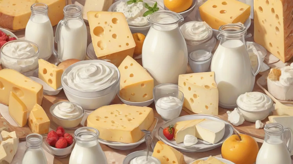 Ilustracja produktów nabiałowych, takich jak mleko, ser i jogurt, wyraźnie widocznych na pierwszym planie. Skupienie na różnorodności i bogactwie produktów, ukazując ich kremowe tekstury i zróżnicowane kształty.