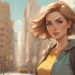 Ilustracja determinacji, nowoczesna europejska kobieta na pierwszym planie, stojąca pewnie z skupionym wyrazem twarzy, dynamiczna postawa, minimalistyczne współczesne tło miejskie, mocne naturalne światło, wyrazisty i inspirujący nastrój.