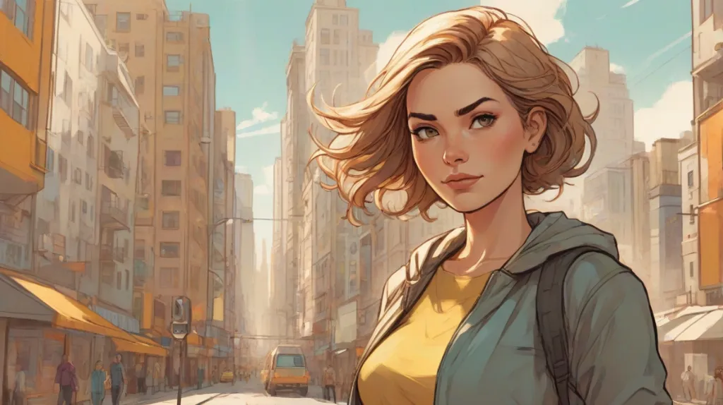 Ilustracja determinacji, nowoczesna europejska kobieta na pierwszym planie, stojąca pewnie z skupionym wyrazem twarzy, dynamiczna postawa, minimalistyczne współczesne tło miejskie, mocne naturalne światło, wyrazisty i inspirujący nastrój.