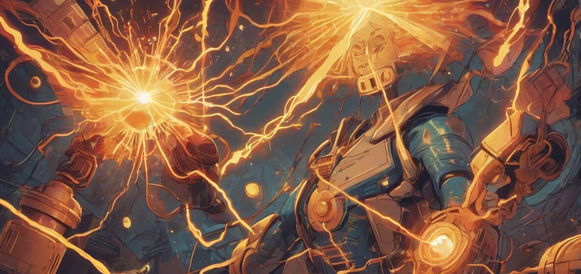 Ilustracja energii elektrycznej, z naciskiem na nowoczesną energię, pokazująca prądy elektryczne i iskry. Obraz powinien uchwycić istotę mocy i innowacji, z energią elektryczną jako centralnym elementem.