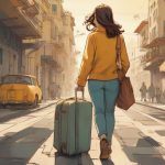 Ilustracja przedstawiająca ucieczkę od życia, współczesna europejska kobieta na pierwszym planie, odchodząca z walizką i zamyślonym wyrazem twarzy, nowoczesny miejski klimat, subtelne napięcie emocjonalne, miękkie filmowe światło.