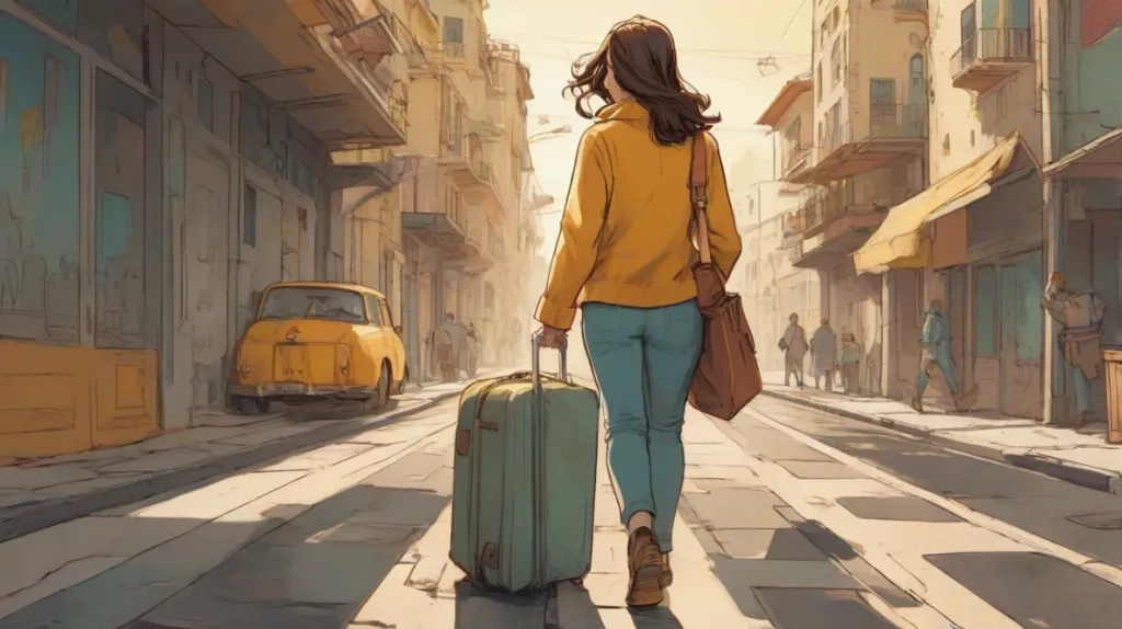 Ilustracja przedstawiająca ucieczkę od życia, współczesna europejska kobieta na pierwszym planie, odchodząca z walizką i zamyślonym wyrazem twarzy, nowoczesny miejski klimat, subtelne napięcie emocjonalne, miękkie filmowe światło.