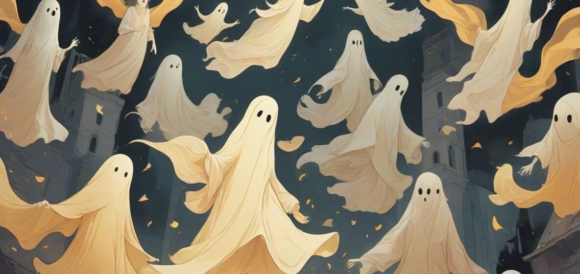 Ilustracja duchów jako eterycznych, przezroczystych postaci unoszących się w powietrzu. Duchy są głównym tematem, wyglądają tajemniczo i nieco upiornie, oddając istotę nadprzyrodzonego.