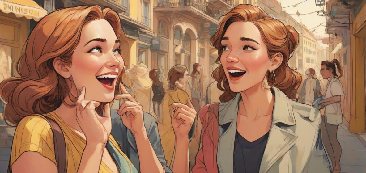 Ilustracja ludzi plotkujących we współczesnym europejskim kontekście, z dwiema kobietami zaangażowanymi w ożywioną rozmowę. Skupienie na ich ekspresyjnych twarzach i gestach, uchwycenie istoty rozprzestrzeniania plotek.