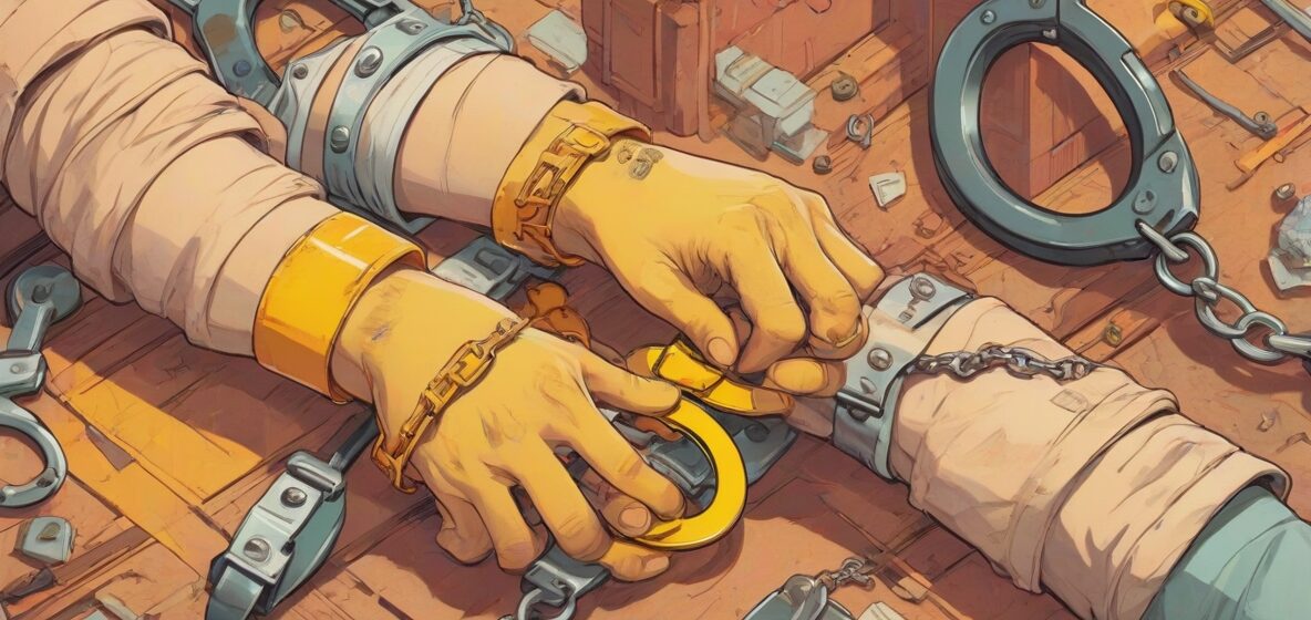 Ilustracja kajdanek wyraźnie widocznych na pierwszym planie, symbolizujących ograniczenie i uwięzienie, na neutralnym tle.