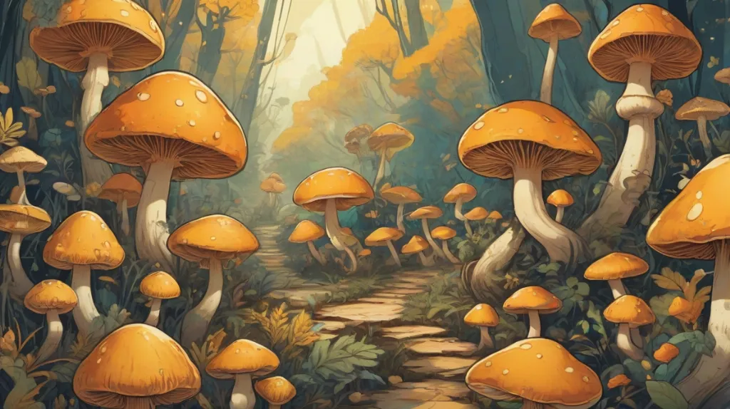 Ilustracja opieńków wyraźnie ukazanych na pierwszym planie, podkreślająca ich unikalną fakturę i kolory.