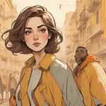 Ilustracja tożsamości, współczesna europejska kobieta na pierwszym planie, wyraźnie widoczna i dominująca w kadrze, ekspresyjna twarz, subtelna dwoistość, nowoczesny styl, minimalistyczne tło.