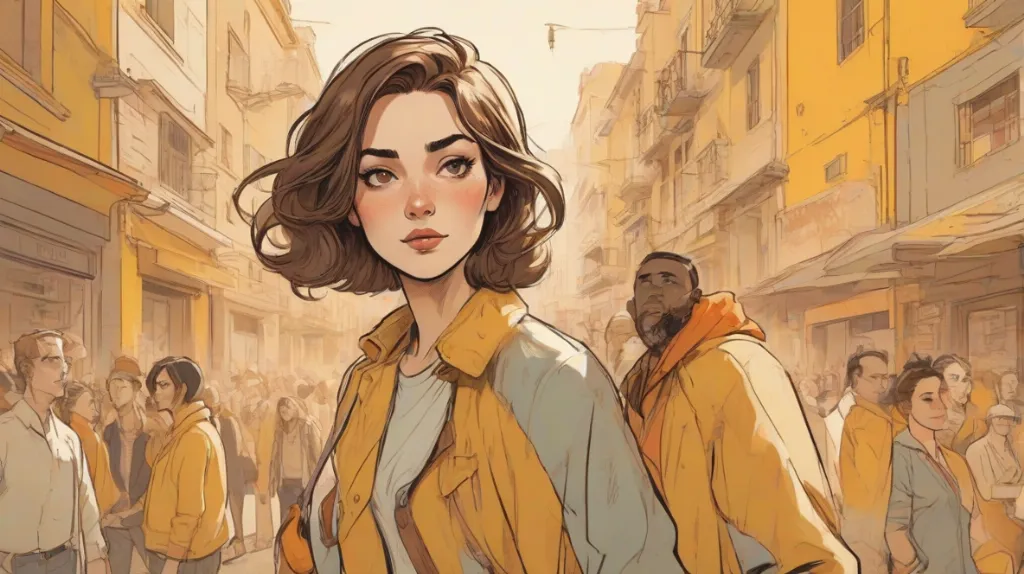 Ilustracja tożsamości, współczesna europejska kobieta na pierwszym planie, wyraźnie widoczna i dominująca w kadrze, ekspresyjna twarz, subtelna dwoistość, nowoczesny styl, minimalistyczne tło.