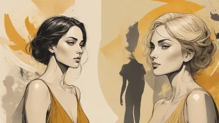 Ilustracja przemiany tożsamości, współczesna europejska kobieta na pierwszym planie, jej twarz i sylwetka rozdzielające się na dwie wyraźne wersje siebie, elegancki kontrast, nowoczesna moda, symboliczna dwoistość, dramatyczne oświetlenie, minimalistyczne tło, mocne skupienie na metamorfozie.