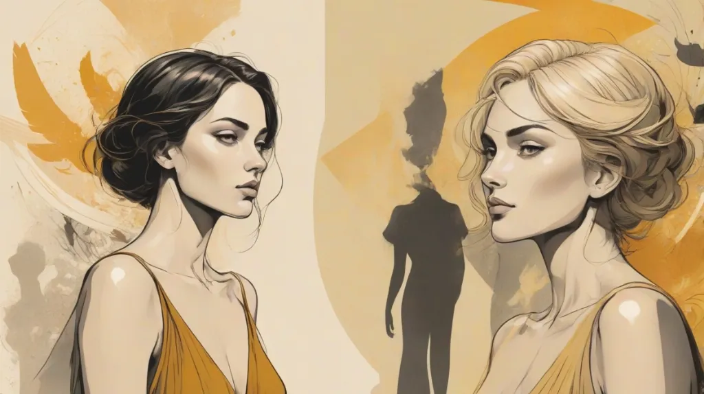 Ilustracja przemiany tożsamości, współczesna europejska kobieta na pierwszym planie, jej twarz i sylwetka rozdzielające się na dwie wyraźne wersje siebie, elegancki kontrast, nowoczesna moda, symboliczna dwoistość, dramatyczne oświetlenie, minimalistyczne tło, mocne skupienie na metamorfozie.