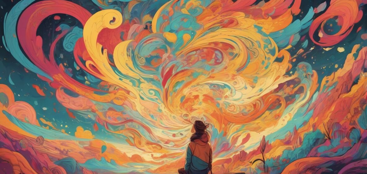 Ilustracja wyobraźni, przedstawiająca osobę z kolorowymi, wirującymi myślami emanującymi z jej umysłu, symbolizującymi kreatywność i nieskończone możliwości.