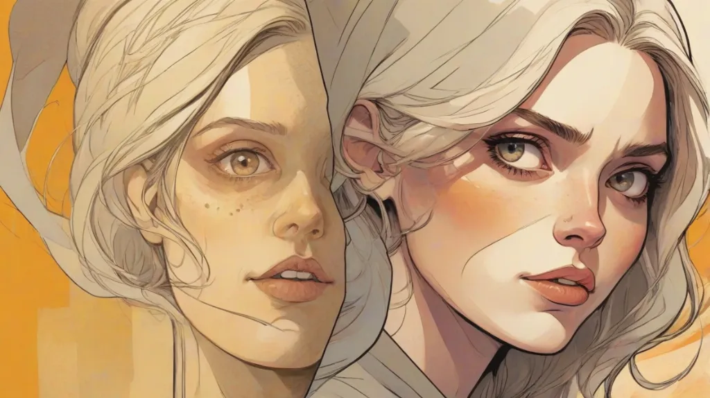 Ilustracja wewnętrznego konfliktu, współczesna europejska kobieta pokazana w zbliżeniu, podzielona kontrastującymi emocjami i nastrojem, jedna strona spokojna i opanowana, druga napięta i niepewna, dramatyczne oświetlenie, nowoczesna estetyka, nacisk na emocje, minimalistyczne tło.