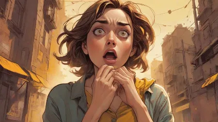 Ilustracja silnego lęku, współczesna europejska kobieta na pierwszym planie z napiętą twarzą, szeroko otwartymi oczami i zaciśniętymi dłońmi, dramatyczne cienie, nowoczesny realistyczny nastrój.