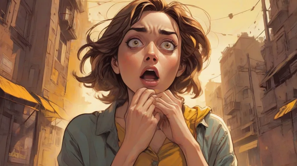 Ilustracja silnego lęku, współczesna europejska kobieta na pierwszym planie z napiętą twarzą, szeroko otwartymi oczami i zaciśniętymi dłońmi, dramatyczne cienie, nowoczesny realistyczny nastrój.