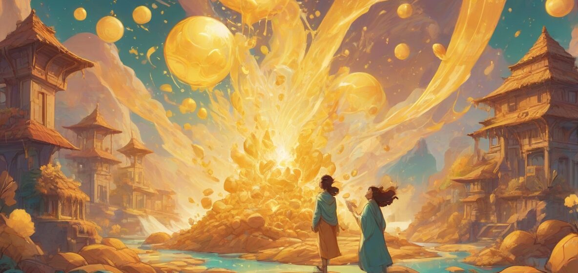 Ta ilustracja powinna przedstawiać mannę jako centralny, promienny element, symbolizujący obfitość i niespodziewane dary. Skupienie powinno być na samej mannie, uchwycając jej eteryczną i cudowną naturę.