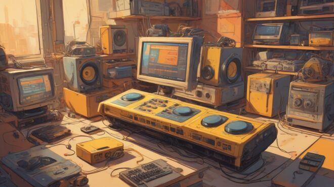 Ilustracja nowoczesnego sprzętu elektronicznego, wyraźnie widocznego na pierwszym planie. Sprzęt jest elegancki i współczesny, prezentując najnowsze technologie. Skupienie się na samym sprzęcie, podkreślając jego design i funkcjonalność.