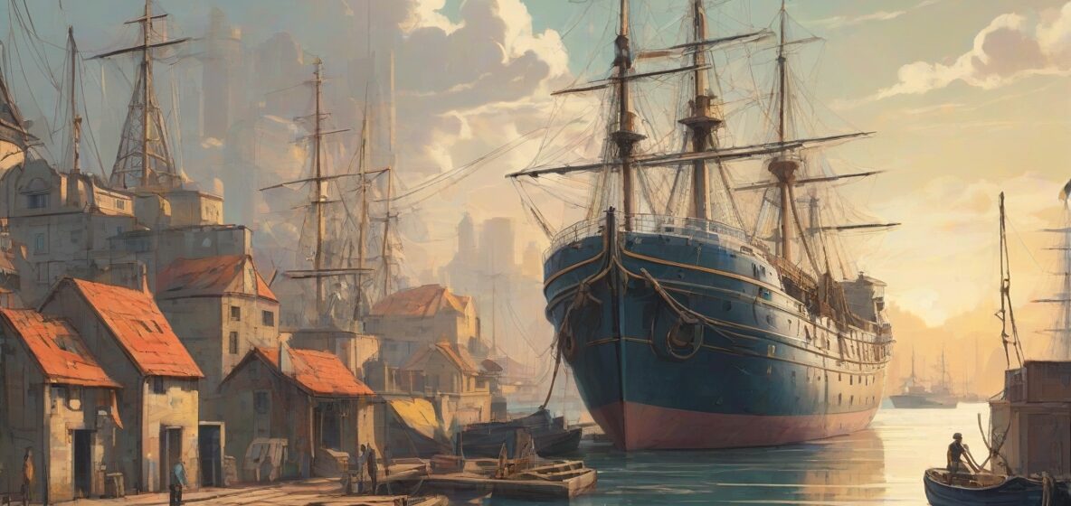 Ilustracja cumowania, przedstawiająca współczesną scenę z dużym statkiem bezpiecznie zakotwiczonym w europejskim porcie. Skupienie na statku, który dominuje na pierwszym planie, ukazując szczegóły jego konstrukcji i liny używane do cumowania.