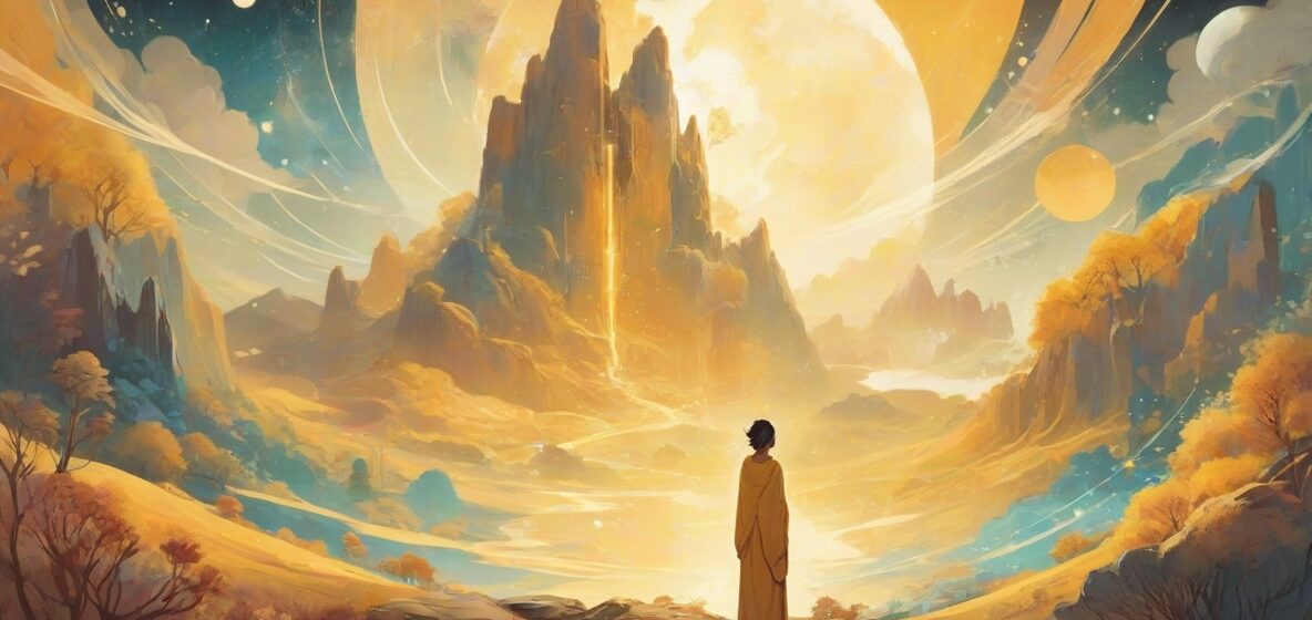 Ilustracja mistycyzmu we współczesnym kontekście europejskim, ukazująca mistyczny krajobraz z eterycznym światłem i spokojną atmosferą. W centrum uwagi znajduje się postać współczesnego mistyka otoczona aureolą światła, symbolizująca duchowe oświecenie i połączenie z wszechświatem.