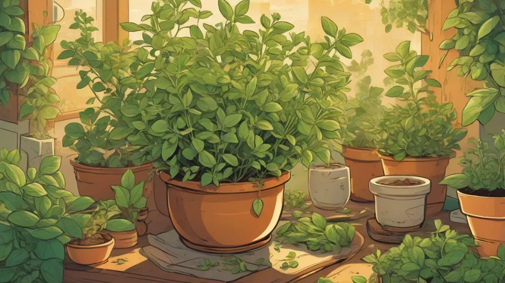 Ilustracja zioła oregano, wyraźnie widoczna na pierwszym planie, ukazująca jego żywo zielone liście i charakterystyczny wygląd.
