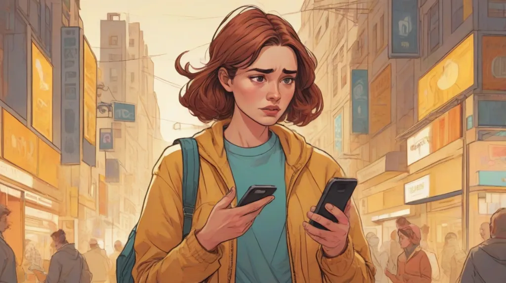 Ilustracja lęku po decyzji, współczesna europejska kobieta na pierwszym planie z napiętym wyrazem twarzy, trzymająca smartfon i stojąca nieruchomo, jakby kwestionowała niedawny wybór, nowoczesny realistyczny nastrój, subtelne emocjonalne napięcie.