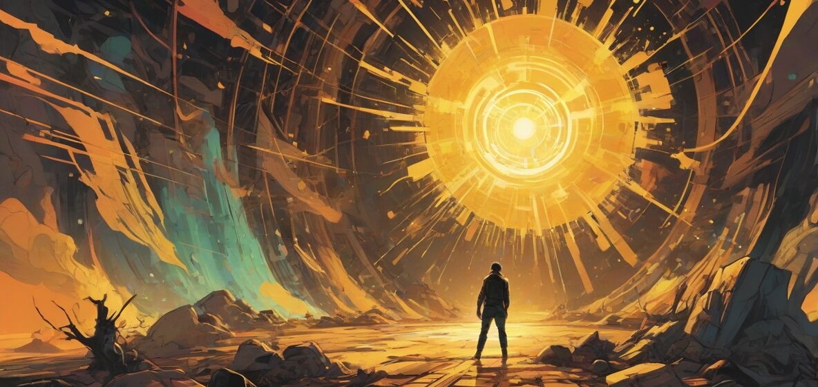 Ilustracja promieniowania, ukazująca je jako tajemniczą i potężną siłę. Promieniowanie jest przedstawione jako świecące, abstrakcyjne pole energetyczne, zajmujące większość kadru. Sceneria jest współczesna, podkreślając nowoczesny kontekst tego zjawiska.