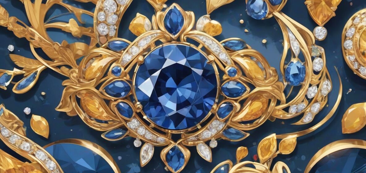 Ilustracja biżuterii z szafirami, wyeksponowana na współczesnym tle. Głęboko niebieskie kamienie są w centrum uwagi, ukazując ich elegancję i luksus. Nowoczesne otoczenie podkreśla ponadczasowe piękno i wyrafinowanie szafirów.