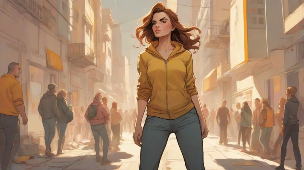 Ilustracja silnej determinacji, współczesna europejska kobieta na pierwszym planie, stojąca pewnie z wyrazem skupienia, dynamiczna postawa, nowoczesny ubiór, wyraźna i pewna mowa ciała, dramatyczne oświetlenie, minimalistyczne tło, postać zajmująca większą część kadru.