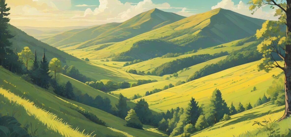 Ilustracja Bieszczad, ukazująca bujną zieloną scenerię z falującymi wzgórzami i gęstymi lasami pod czystym niebem. Scena oddaje istotę spokoju natury i urok odległej, nietkniętej dziczy.