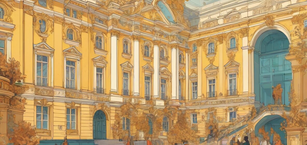 Ilustracja Ermitażu, wielkiego muzeum w Sankt Petersburgu w Rosji, ukazująca jego okazałą architekturę i bogatą historię. Skupienie na samym budynku, ukazując jego majestatyczną fasadę i skomplikowane detale.