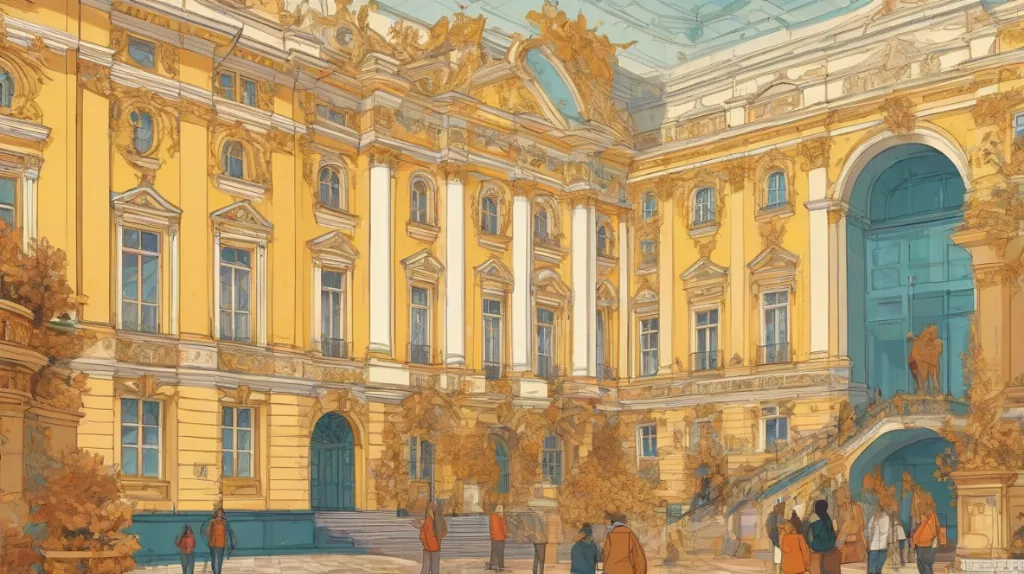 Ilustracja Ermitażu, wielkiego muzeum w Sankt Petersburgu w Rosji, ukazująca jego okazałą architekturę i bogatą historię. Skupienie na samym budynku, ukazując jego majestatyczną fasadę i skomplikowane detale.