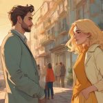 Ilustracja przedstawiająca przyszłość związku, współczesna europejska para stojąca blisko siebie na pierwszym planie, subtelne emocjonalne napięcie, elegancki nowoczesny styl, miękkie światło, symboliczny romantyczny nastrój.