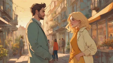 Ilustracja przedstawiająca przyszłość związku, współczesna europejska para stojąca blisko siebie na pierwszym planie, subtelne emocjonalne napięcie, elegancki nowoczesny styl, miękkie światło, symboliczny romantyczny nastrój.