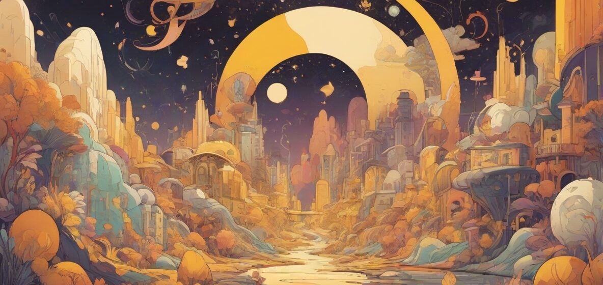 Ilustracja słowa 'Wedle' w sennym otoczeniu, symbolizująca harmonię i jasność. Słowo jest wyraźnie widoczne na środku, otoczone abstrakcyjnymi elementami reprezentującymi zmiany i introspekcję.