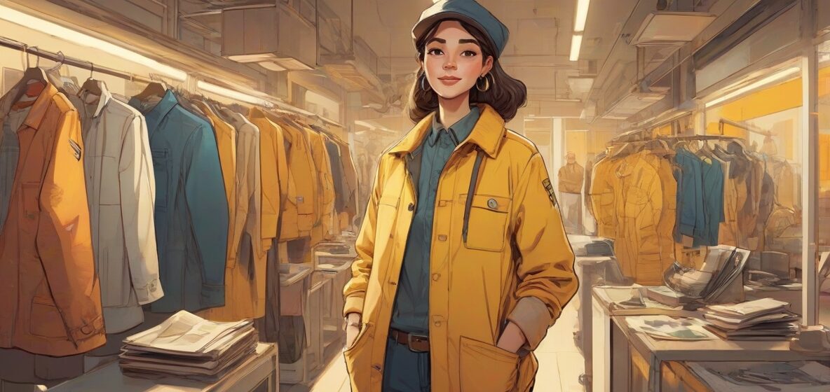 Ilustracja odzieży roboczej wyraźnie przedstawionej, ukazująca nowoczesny europejski design. Skupienie na samej odzieży, ukazujące jej funkcjonalność i styl, odpowiednie dla współczesnych środowisk pracy.