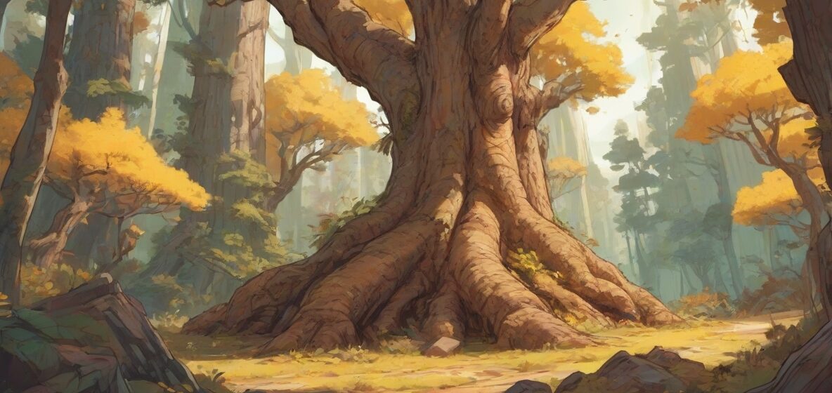 Ta ilustracja przedstawia duży pień drzewa wyraźnie na pierwszym planie, zajmujący większość kadru. Pień jest szczegółowy, ukazując swoją szorstką fakturę i naturalne wzory.