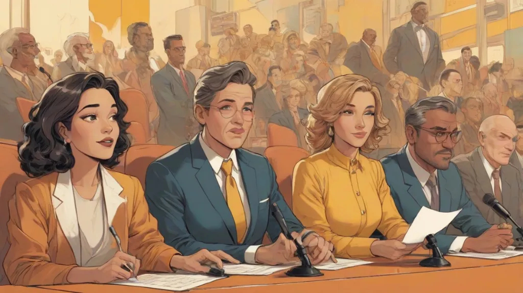 Ta ilustracja przedstawia panel jurorów, z każdym o unikalnym wyrazie twarzy, siedzących przy stole z mikrofonami. Znajdują się w nowoczesnym otoczeniu, odzwierciedlając współczesną europejską estetykę. Skupienie jest na jurorach, którzy zajmują większość kadru, podkreślając ich rolę w ocenie i komentowaniu.