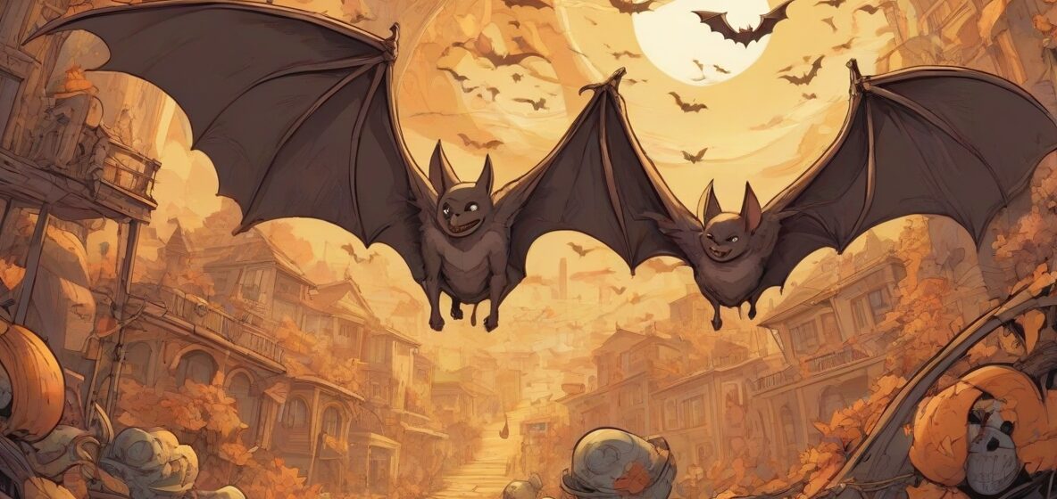 Ta ilustracja powinna przedstawiać nietoperza wyraźnie na pierwszym planie, z rozpostartymi skrzydłami, ukazując jego unikalne cechy. Nietoperz powinien być dobrze widoczny i zajmować większą część obrazu.