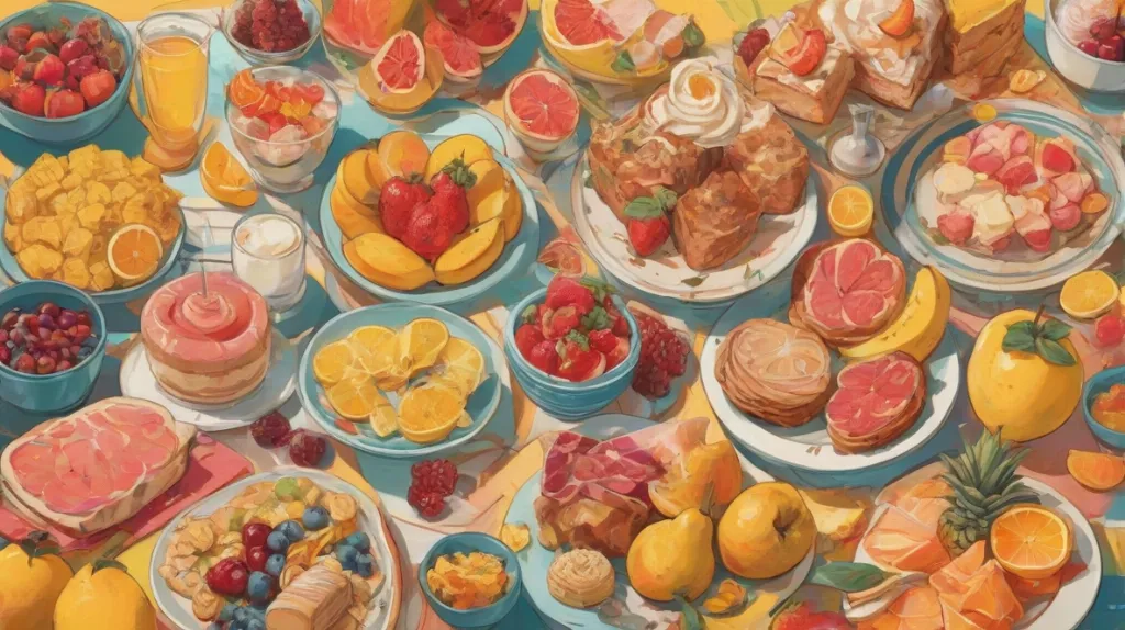Ta ilustracja powinna przedstawiać różnorodne jedzenie, takie jak owoce, słodycze i mięsa, wyeksponowane na stole. Nacisk powinien być położony na żywe kolory i tekstury jedzenia, oddając poczucie obfitości i różnorodności. Sceneria jest nowoczesna, odzwierciedlająca współczesne europejskie trendy kulinarne.