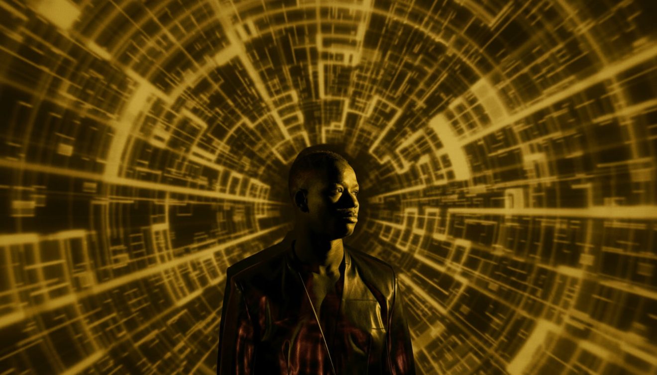 gemini-25-flash-image_Dark_yellow_colors-0 1 • Sennik Person in a dark jacket stands inside a glowing yellow tunnel made of converging geometric light lines.