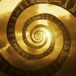 Golden spiral of clock rings with Roman numerals, creating a time-warp vortex in a warm yellow sky.