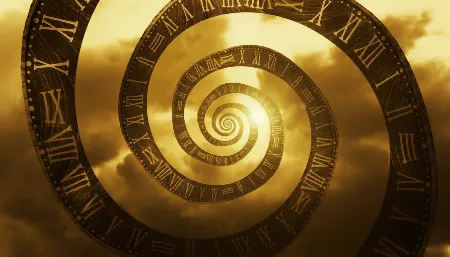 Golden spiral of clock rings with Roman numerals, creating a time-warp vortex in a warm yellow sky.