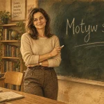 Woman teacher in beige sweater stands by a chalkboard that says 'Motyw snu', smiling in a cozy classroom with bookshelves and plants.