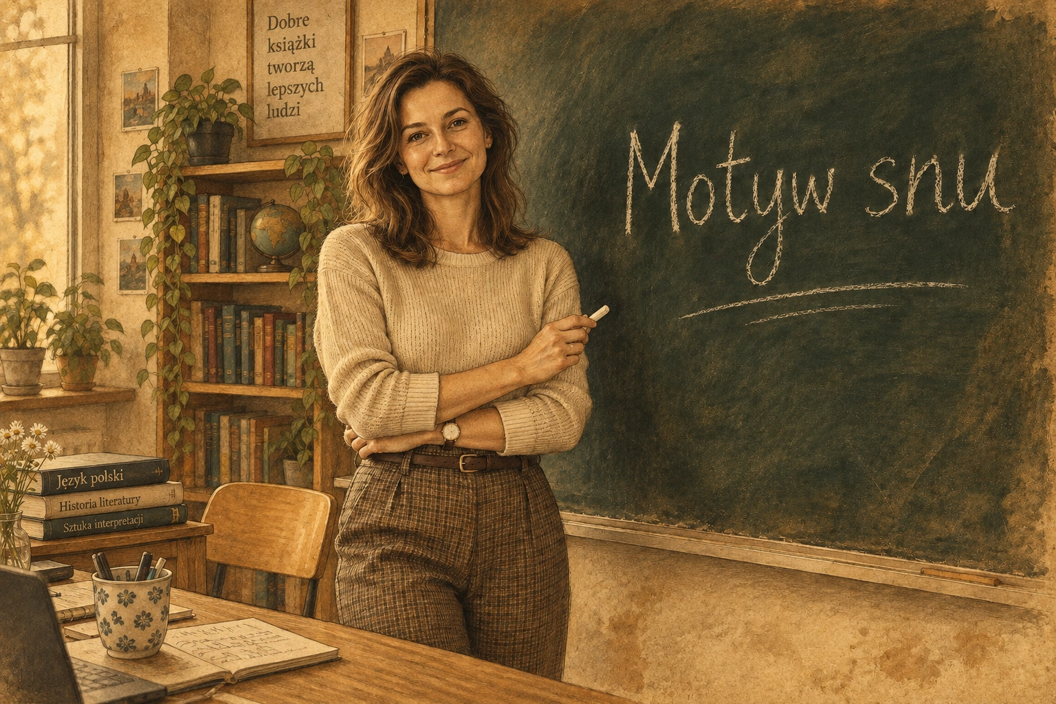 Woman teacher in beige sweater stands by a chalkboard that says 'Motyw snu', smiling in a cozy classroom with bookshelves and plants.