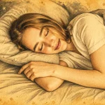 Woman sleeping on a pillow in bed, light-colored shirt, sepia-toned illustration.