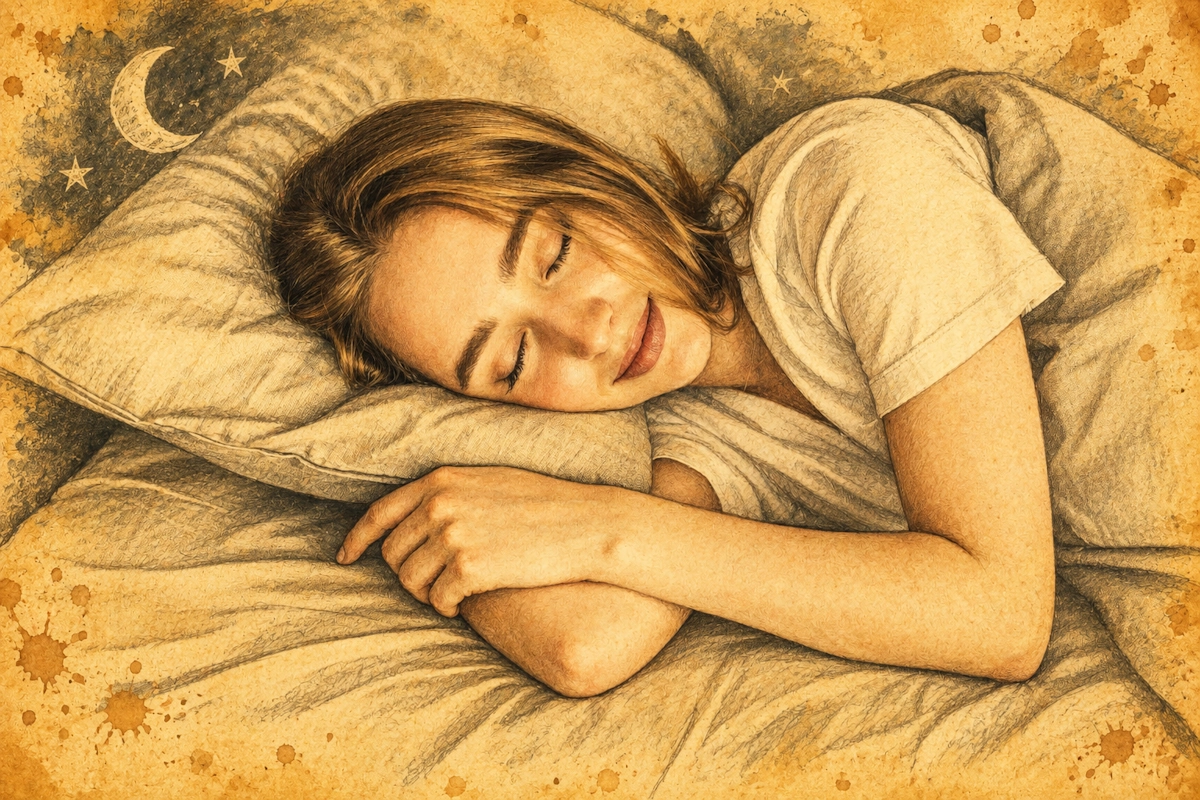 Woman sleeping on a pillow in bed, light-colored shirt, sepia-toned illustration.